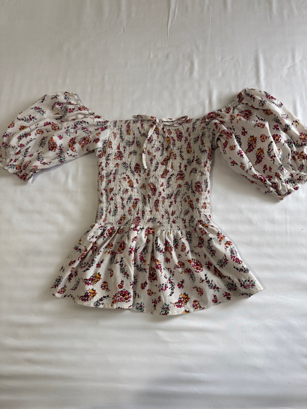 Floral Smocked Peplum Top, square neck with Puff Sleeves - White